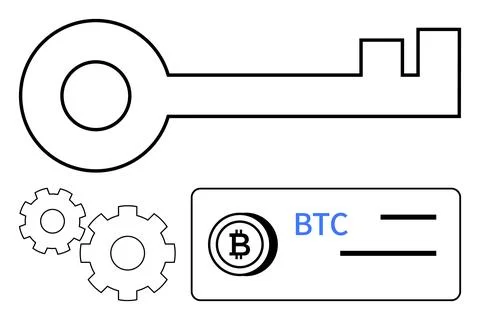 Abstract Bitcoin Wallet Security Concept with Key and Blockchain Gears Stock Illustration
