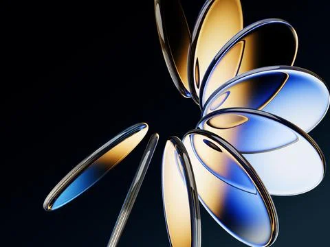 Abstract black 3d background with neon glass circle disc, radiant blue yellow Illustrazione stock
