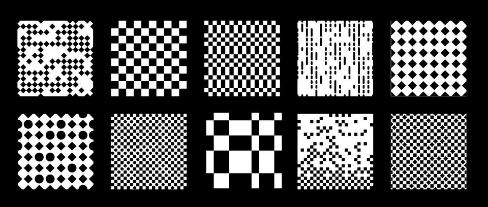 Abstract black and white distorted checkered pattern vector set, optical イラスト素材