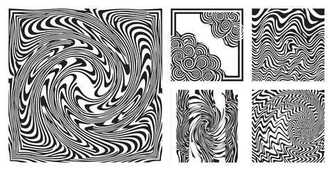 Abstract black and white set of geometric patterns featuring swirling lines and Stock Illustration