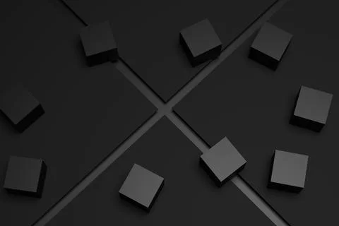 Abstract black background with geometric shapes, set of black cubes. Scene for Stock Illustration