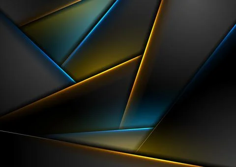 Abstract black background with orange blue neon glowing stripes Stock Illustration