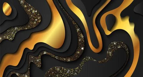 Abstract black background with paper cut out layers and golden sparkles. Vector Stock Illustration