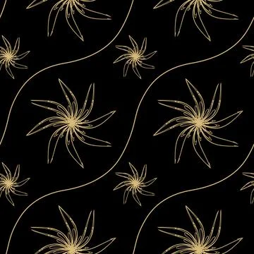 Abstract black background with thin golden flowers Stock Illustration