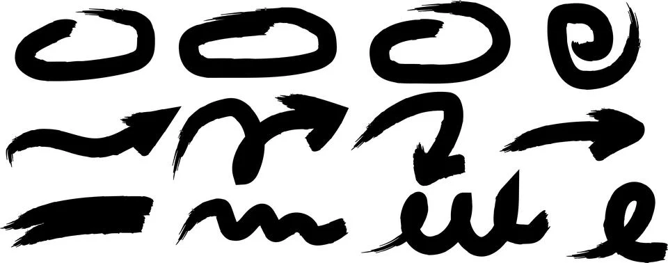Abstract black brushstroke elements including arrows, circles, and wavy lin.. Stock Illustration