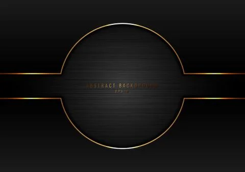 Abstract black circle with gold border frame on dark metallic background and Stock Illustration