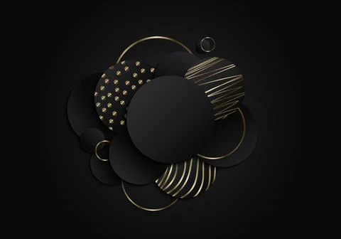 Abstract black circles geometric overlapping layered with gold lines pattern Stock Illustration