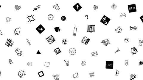 Abstract Black Doodle Icon Pattern Floating on White Background= Stock Footage 334084479
