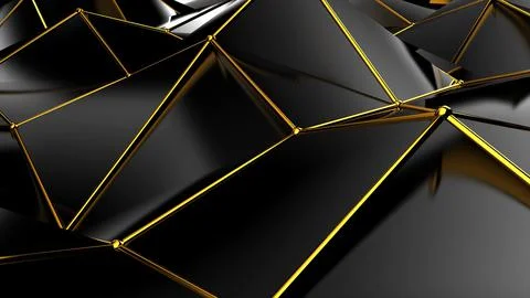 Abstract black geometric bumpy surface with kinks from glossy blocks and yellow Stock Photos