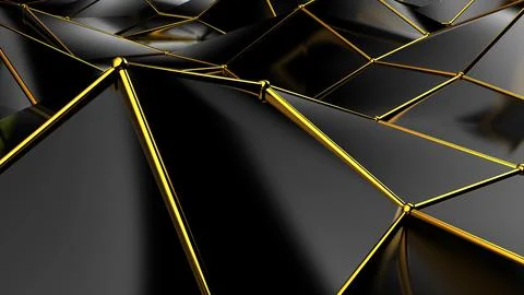 Abstract black geometric bumpy surface with kinks from glossy blocks and yellow Stockfoto's