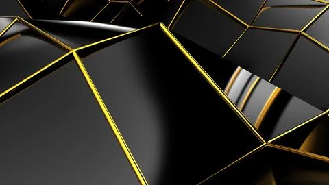 Abstract black geometric bumpy surface with kinks from glossy blocks and yellow Stockfoto's