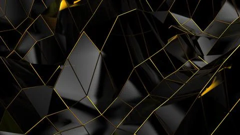 Abstract black geometric bumpy surface with kinks from glossy blocks and yellow Stockfoto's