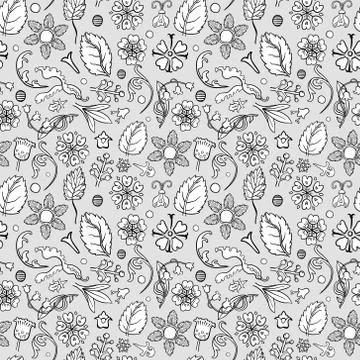 Abstract black hand-drawn leafy doodle seamless pattern Stock Illustration
