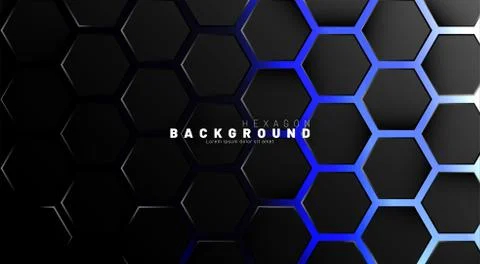 Abstract black hexagon pattern on blue neon background technology style. Hone Stock Illustration