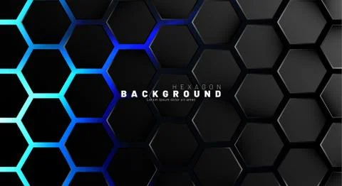 Abstract black hexagon pattern on blue neon background technology style. Hone Stock Illustration