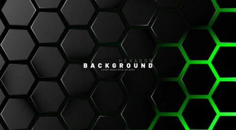 Abstract black hexagon pattern on green neon background technology style. Hon Illustrazione stock