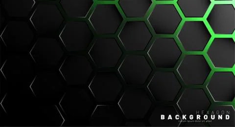 Abstract black hexagon pattern on green neon background technology style. Hon Illustrazione stock