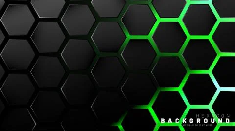 Abstract black hexagon pattern on green neon background technology style. Hon Stock Illustration
