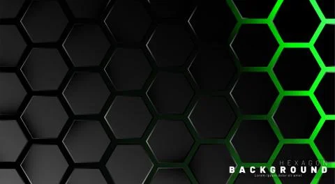 Abstract black hexagon pattern on green neon background technology style. Hon Stock Illustration