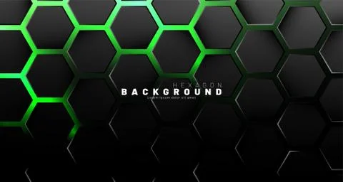 Abstract black hexagon pattern on green neon background technology style. Hon Stock Illustration