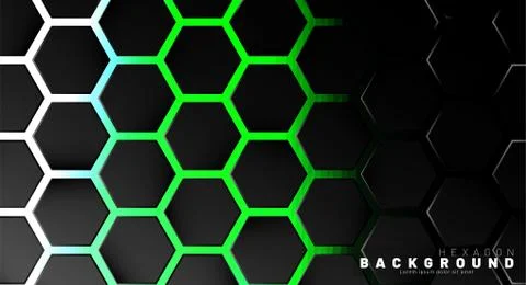 Abstract black hexagon pattern on green neon background technology style. Hon Illustrazione stock