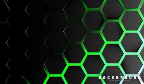 Abstract black hexagon pattern on green neon background technology style. Hon Illustrazione stock