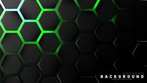 Abstract black hexagon pattern on green neon background technology style. Hon Stock Illustration