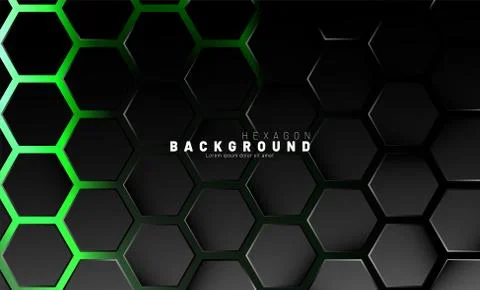 Abstract black hexagon pattern on green neon background technology style. Hon Stock Illustration