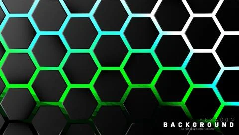 Abstract black hexagon pattern on green neon background technology style. Hon Stock Illustration
