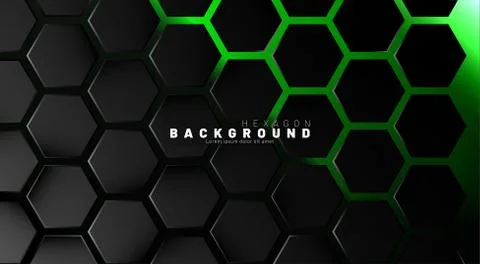 Abstract black hexagon pattern on green neon background technology style. Hon Illustrazione stock