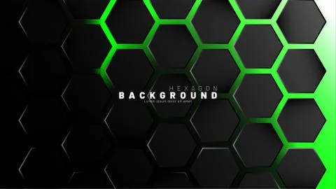 Abstract black hexagon pattern on green neon background technology style. Hon Illustrazione stock