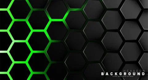 Abstract black hexagon pattern on green neon background technology style. Hon Stock Illustration
