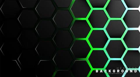 Abstract black hexagon pattern on green neon background technology style. Hon Illustrazione stock