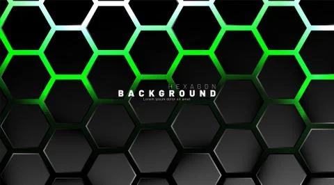 Abstract black hexagon pattern on green neon background technology style. Hon Stock Illustration