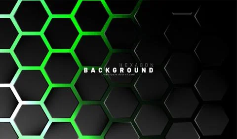 Abstract black hexagon pattern on green neon background technology style. Hon Illustrazione stock