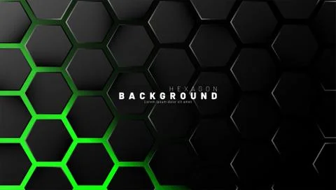 Abstract black hexagon pattern on green neon background technology style. Hon Stock Illustration