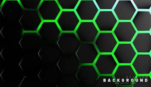 Abstract black hexagon pattern on green neon background technology style. Hon 스톡 일러스트