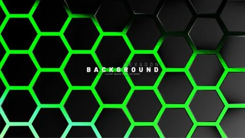 Abstract black hexagon pattern on green neon background technology style. Hon Stock Illustration