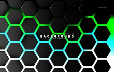Abstract black hexagon pattern on green neon background technology style. Hon Stock Illustration