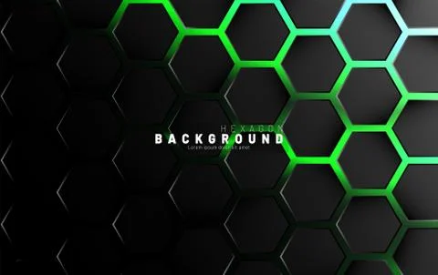 Abstract black hexagon pattern on green neon background technology style. Hon Stock Illustration