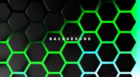 Abstract black hexagon pattern on green neon background technology style. Hon Illustrazione stock