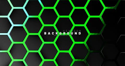 Abstract black hexagon pattern on green neon background technology style. Hon Stock Illustration