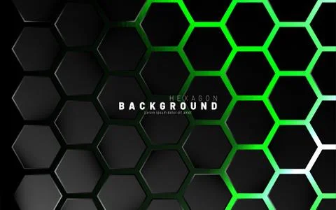 Abstract black hexagon pattern on green neon background technology style. Hon Stock Illustration