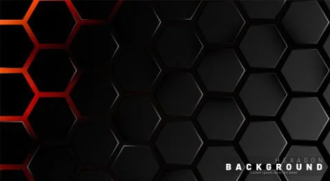 Abstract black hexagon pattern on neon gradient orange background technology  Stock Illustration