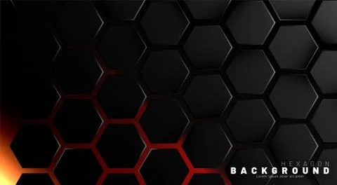 Abstract black hexagon pattern on neon gradient orange background technology  Illustrazione stock