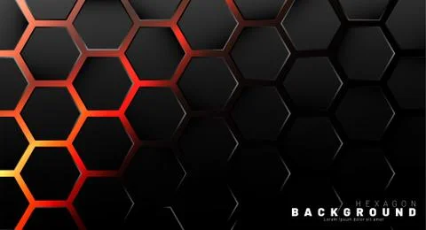 Abstract black hexagon pattern on neon gradient orange background technology  Stock Illustration
