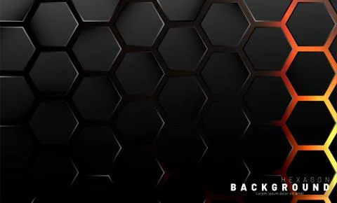 Abstract black hexagon pattern on neon gradient orange background technology  Illustrazione stock