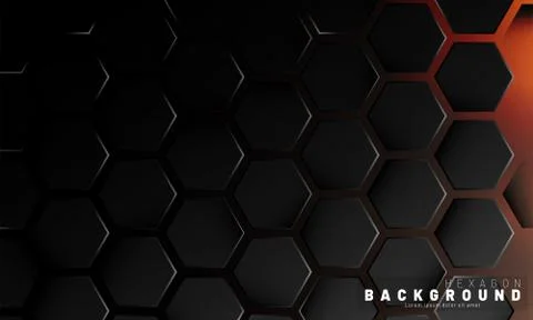 Abstract black hexagon pattern on neon gradient orange background technology  Illustrazione stock