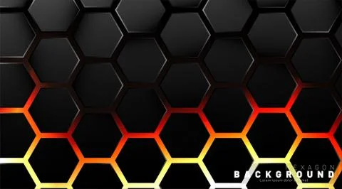 Abstract black hexagon pattern on neon gradient orange background technology  Stock Illustration