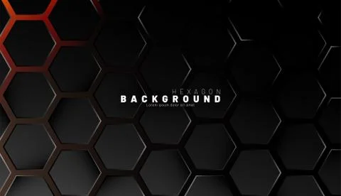 Abstract black hexagon pattern on neon gradient orange background technology  Illustrazione stock